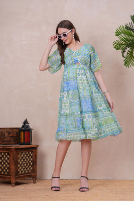 Jyoti Women Fit and Flare Green Below Knee Dress