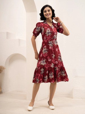 AASK Women Fit and Flare Multicolor Midi/Calf Length Dress