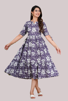 TEESHA Women Fit and Flare Purple Midi/Calf Length Dress