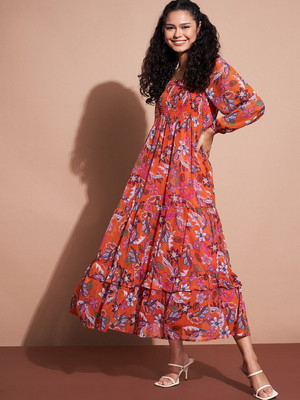 Dressberry Women Empire Waist Orange Maxi/Full Length Dress