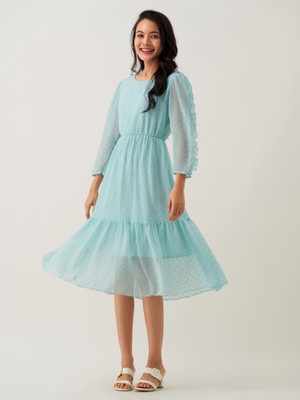 AASK Women Fit and Flare Light Blue Below Knee Dress