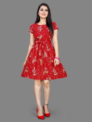 Om Creation Women Fit and Flare Red Dress