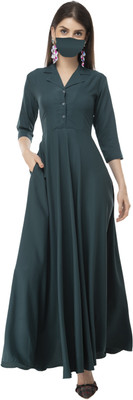 Rudraaksha Women Maxi Dark Green Full Length Dress With Mask
