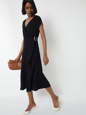 MAX Women Wrap Black Midi/Calf Length Dress