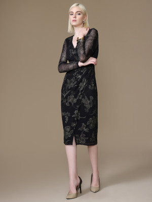 KAZO Women Bodycon Black Midi/Calf Length Dress