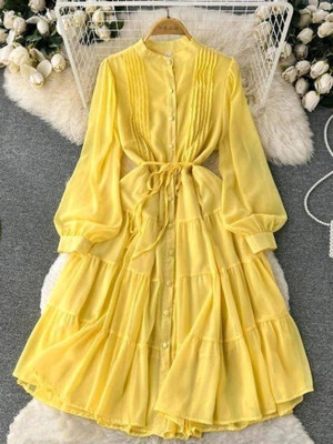RehanFeb Women Fit and Flare Yellow Midi/Calf Length Dress