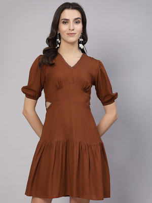 AAYU Women A-line Brown Above Knee/Mid Thigh Length Dress