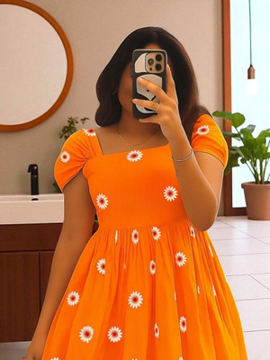 NEVIATTIRE Women Gathered Orange Midi/Calf Length Dress