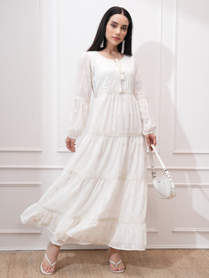 Vishudh Women Fit and Flare White Maxi/Full Length Dress