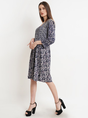 WESTCLO Women A-line Dark Blue, White Knee Length Dress