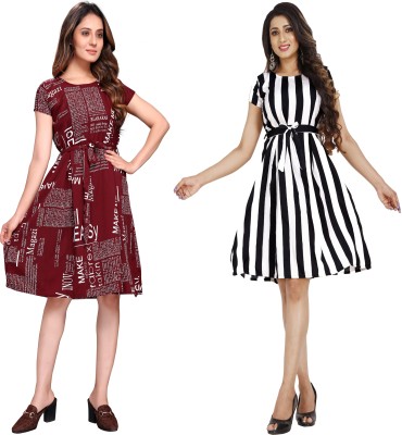 Gurudev fashion Women A-line Black, White, Maroon Dress