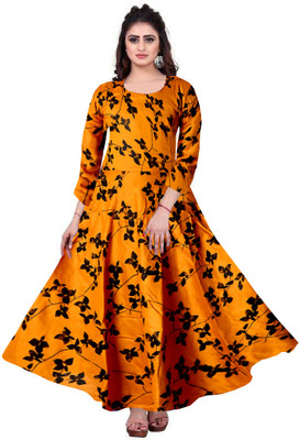 Shunit creation Women Fit and Flare Yellow, Black Maxi/Full Length Dress