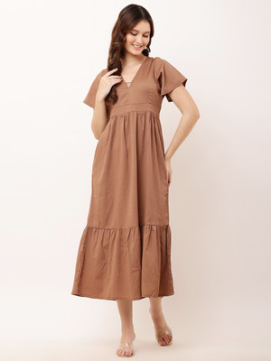 Pratyusha Women A-line Brown Midi/Calf Length Dress