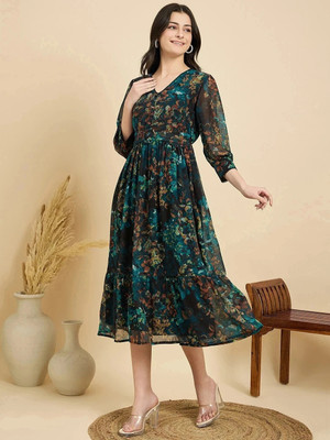 ZUMMER Women Fit and Flare Multicolor, Dark Blue Midi/Calf Length Dress