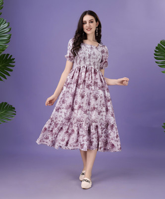 Deklook Women Fit and Flare Purple, White Knee Length Dress