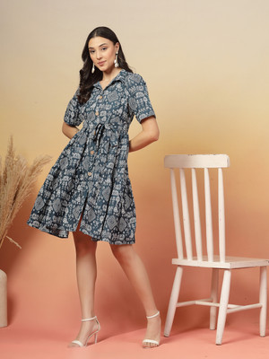 Stylum Women Fit and Flare Blue Above Knee/Mid Thigh Length Dress