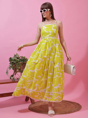 Seek By Sheetal Women Fit and Flare Light Green, White Midi/Calf Length Dress