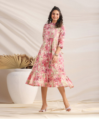 Janasya Women Gathered Pink Midi/Calf Length Dress