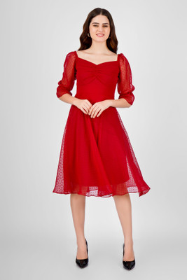 Wownoon Women Fit and Flare Maroon Knee Length Dress