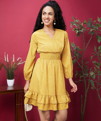 Globus Women A-line Yellow, White Knee Length Dress