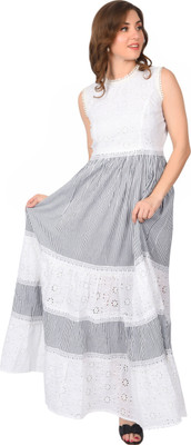 Edyssa Women A-line Grey, White Maxi/Full Length Dress