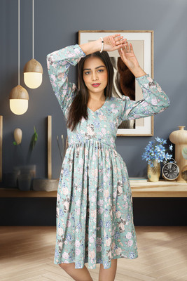 HOC's Women Fit and Flare Light Blue Knee Length Dress