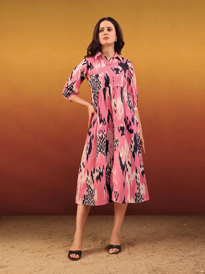 PURVAJA Women Fit and Flare Pink Midi/Calf Length Dress