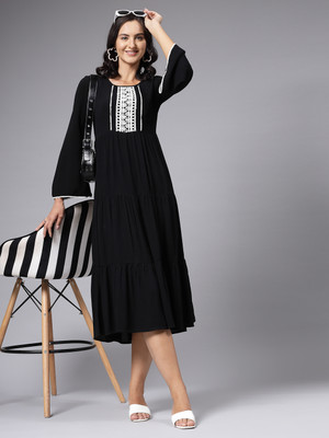 AAYU Women A-line Black Below Knee Dress