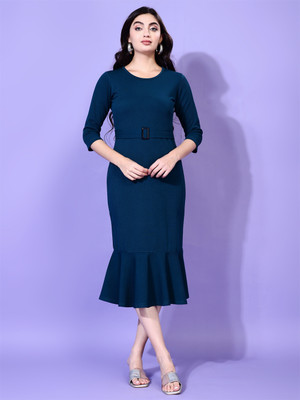 Attire Empire Women Bodycon Blue Midi/Calf Length Dress