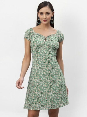 Shimao Women A-line Green Above Knee/Mid Thigh Length Dress