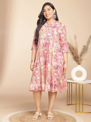 Janasya Women Gathered Pink, White, Beige Midi/Calf Length Dress