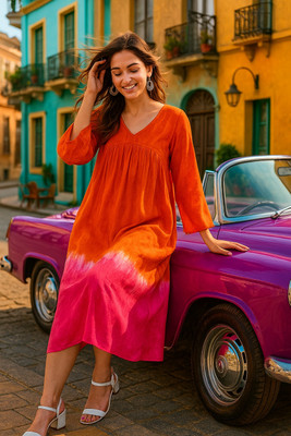 maaesa Women Fit and Flare Orange Midi/Calf Length Dress