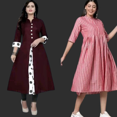 Houseofcommonk Women Printed Anarkali Kurta(Red, Pink)