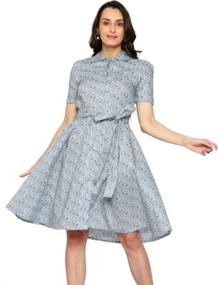 Wear We Met Women Fit and Flare Grey, Blue Dress