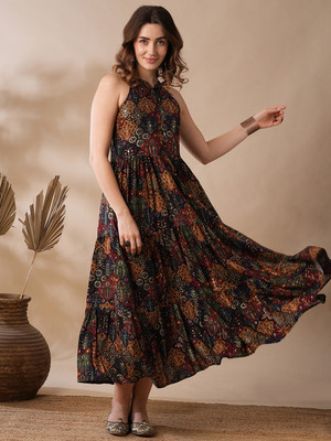 Globus Women Fit and Flare Multicolor Midi/Calf Length Dress