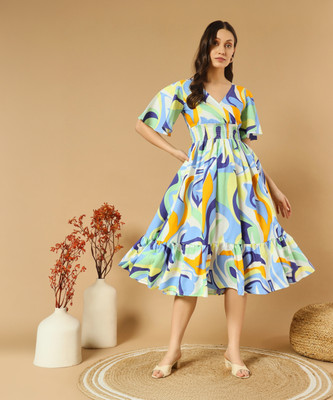 ZWERLON Women A-line Multicolor Midi/Calf Length Dress