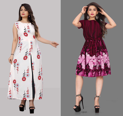 tanvi creation Women Fit and Flare White Midi/Calf Length Dress