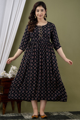 HouseOfCommon Women Printed Anarkali Kurta(Black, Gold)