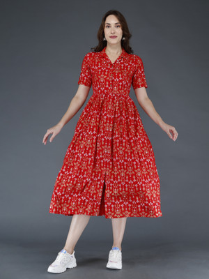 DEON Women Printed A-line Kurta(Red)