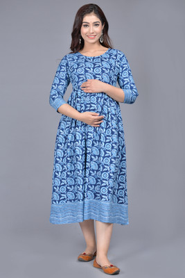 Drashti Textiles Women Fit and Flare Blue Midi/Calf Length Dress