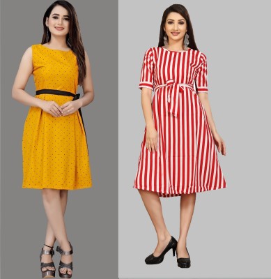 Modli 20 Fashion Women Fit and Flare Yellow, Red Dress