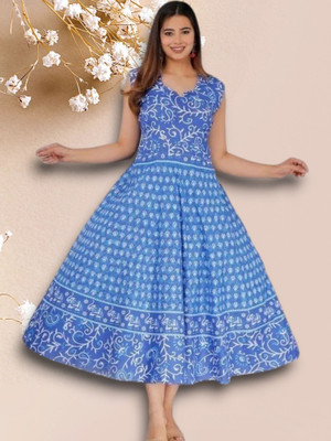 Tankavi Women Fit and Flare Blue Knee Length Dress