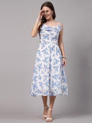 AAYU Women Fit and Flare Grey, White, Light Blue Midi/Calf Length Dress