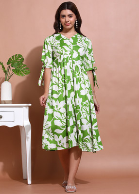 DEHITAFASHION Women Fit and Flare Green, White Midi/Calf Length Dress