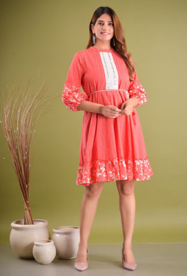 PK HUB Women Fit and Flare Pink Above Knee/Mid Thigh Length Dress