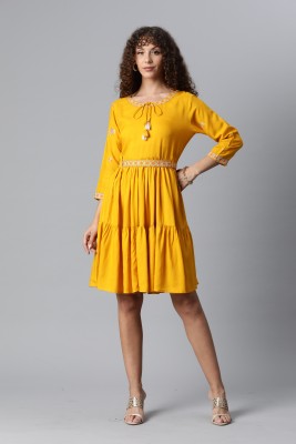 JC4U Women Pleated Yellow Dress