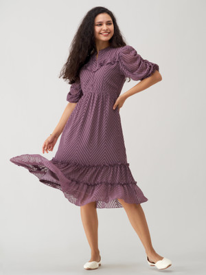 AASK Women Fit and Flare Purple Midi/Calf Length Dress