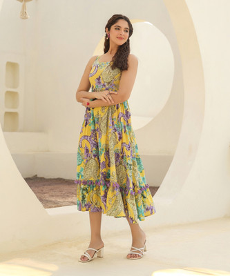 Rain & Rainbow Women Fit and Flare Yellow Midi/Calf Length Dress