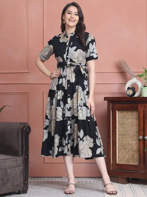 Claura Women A-line Black Midi/Calf Length Dress