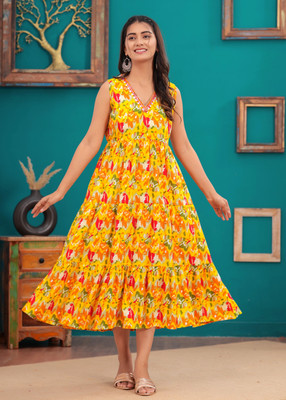 RD Fab Women Maxi Yellow Midi/Calf Length Dress